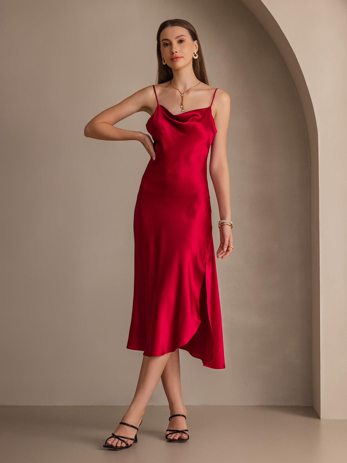 Reines Seide Spaghetti-Träger Schlitz Langes Kleid