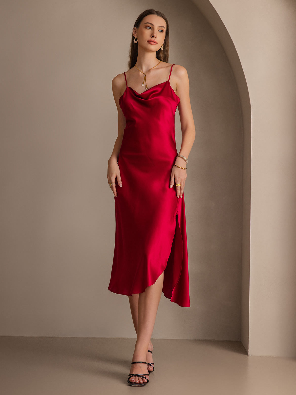 Reines Seide Spaghetti-Träger Schlitz Langes Kleid