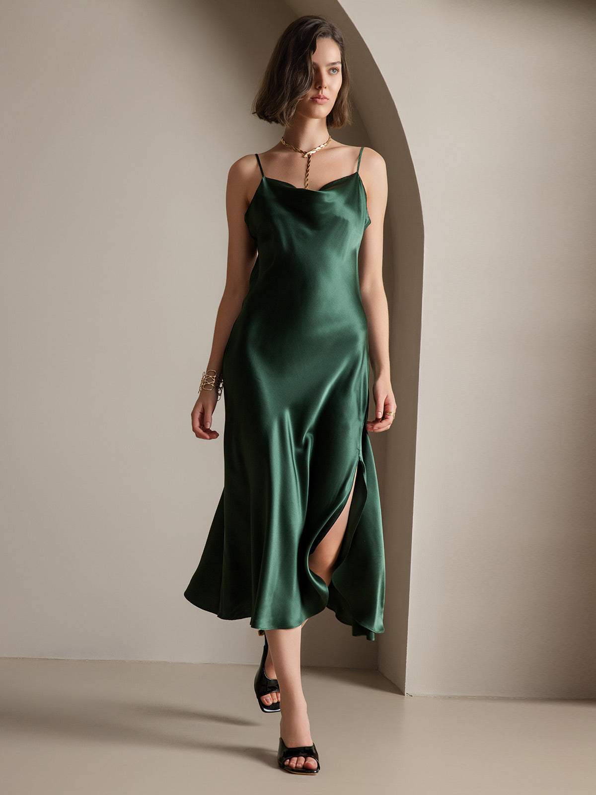 Reines Seide Spaghetti-Träger Schlitz Langes Kleid