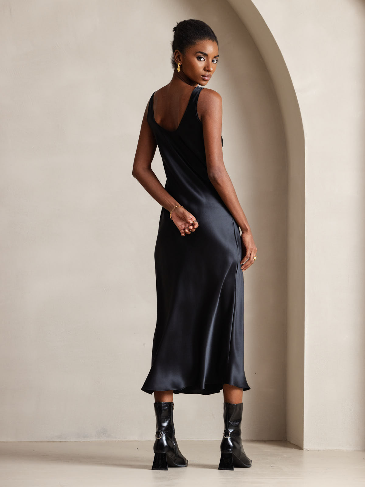 Reine Seide Weite Träger Ärmelloses Lang Kleid