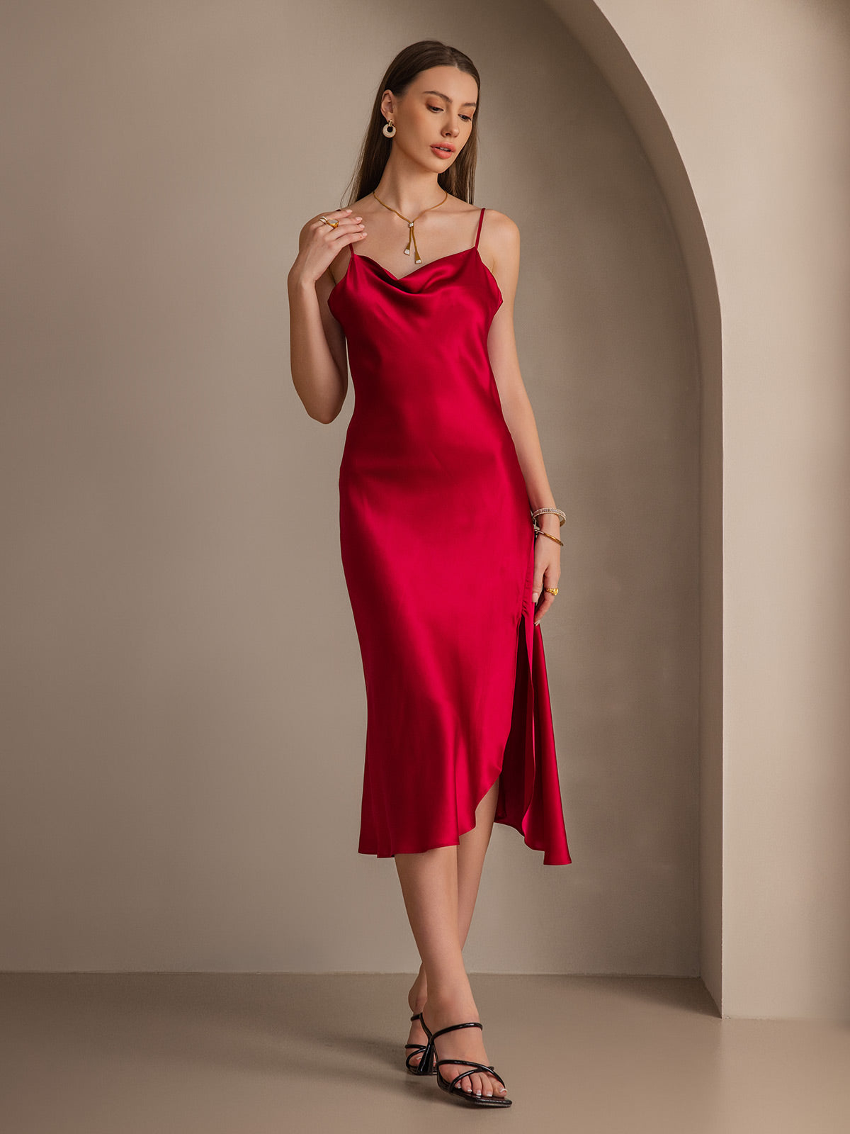 Reines Seide Spaghetti-Träger Schlitz Langes Kleid