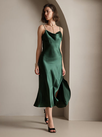 Reines Seide Spaghetti-Träger Schlitz Langes Kleid