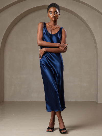 Reine Seide Weite Träger Ärmelloses Lang Kleid