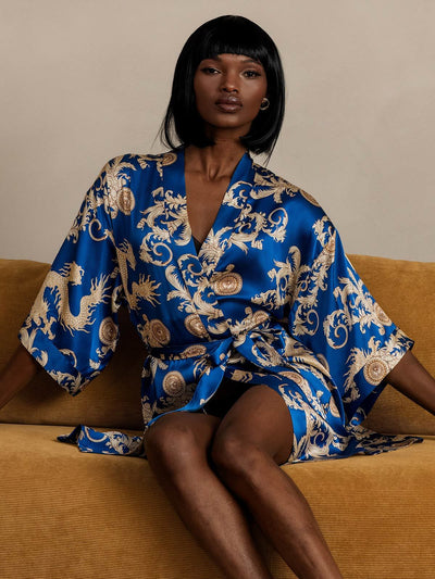 Reine Seide Drachenmuster 3/4-lange Ärmel Damen Morgenmantel（Mit Gürtel）