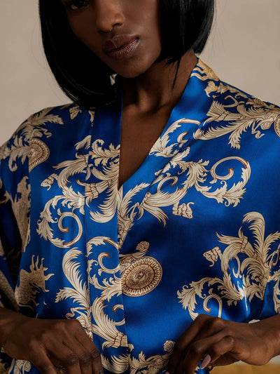 Reine Seide Drachenmuster 3/4-lange Ärmel Damen Morgenmantel（Mit Gürtel）