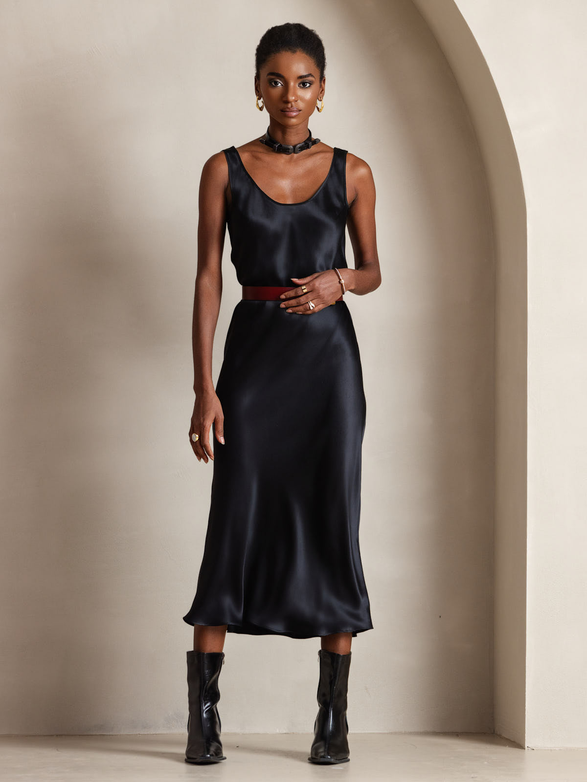 Reine Seide Weite Träger Ärmelloses Lang Kleid