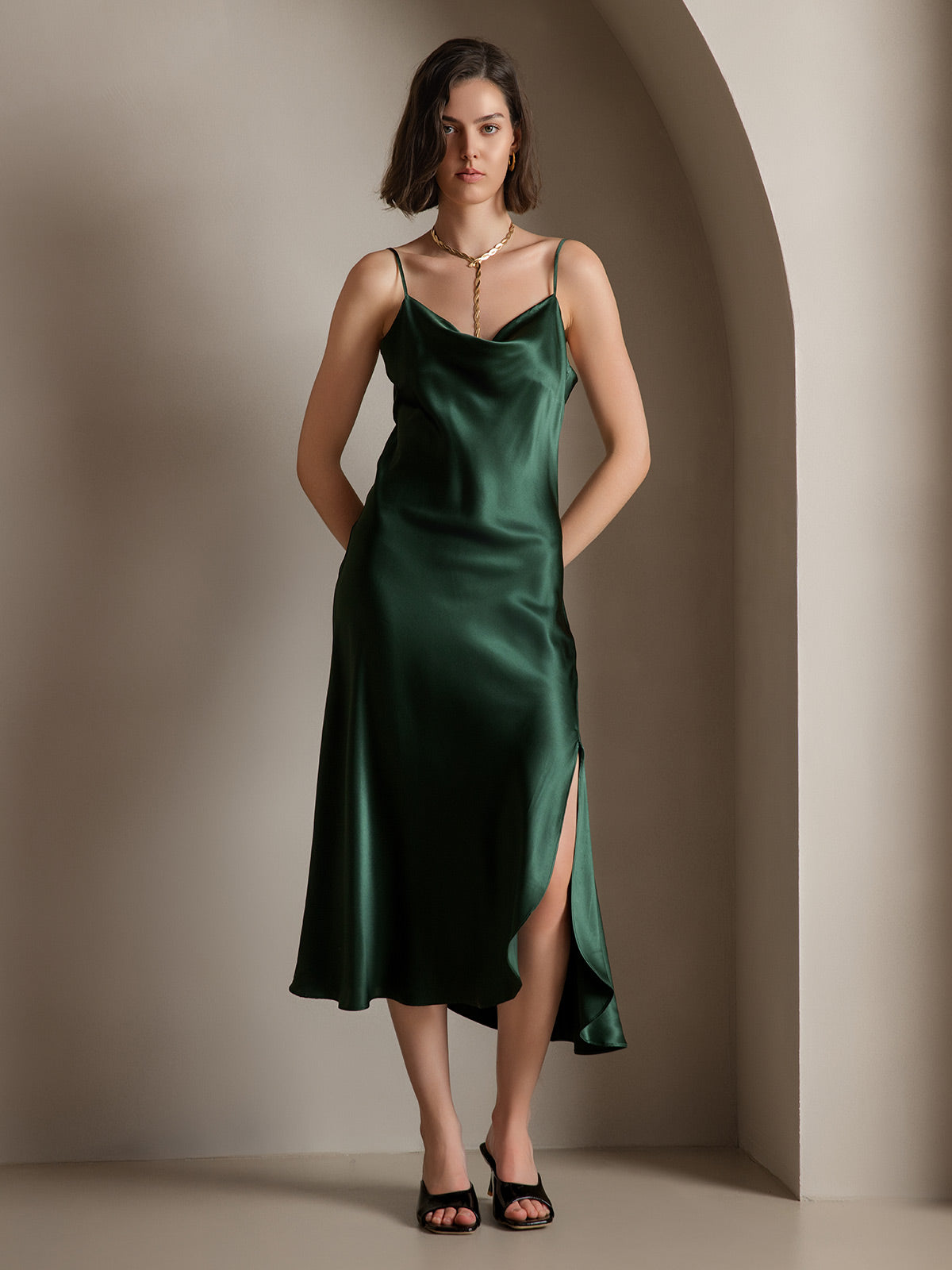 Reines Seide Spaghetti-Träger Schlitz Langes Kleid