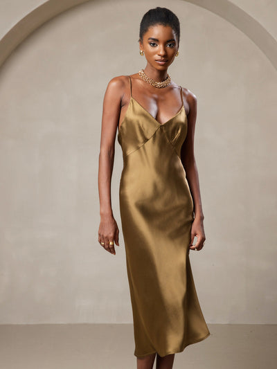 Reine Seide Tiefer V-Ausschnitt Rückenfreies Langes Beleg Kleid