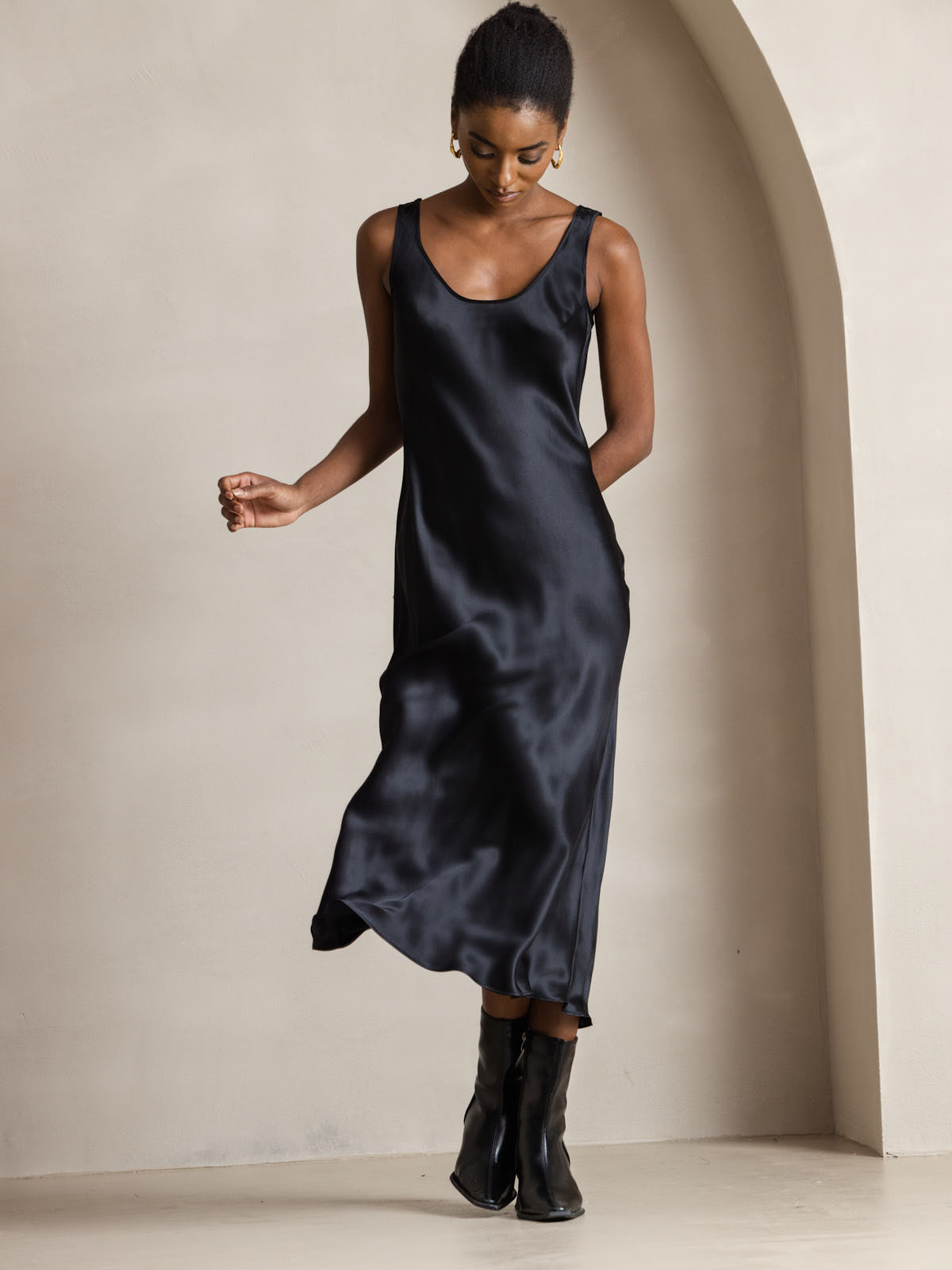 Reine Seide Weite Träger Ärmelloses Lang Kleid