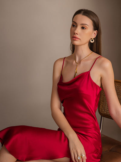 Reines Seide Spaghetti-Träger Schlitz Langes Kleid