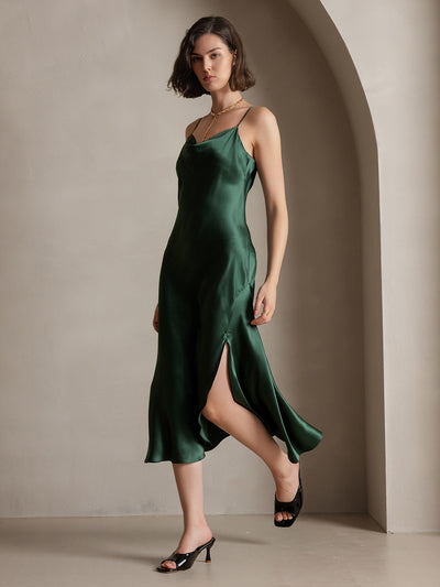 Reines Seide Spaghetti-Träger Schlitz Langes Kleid