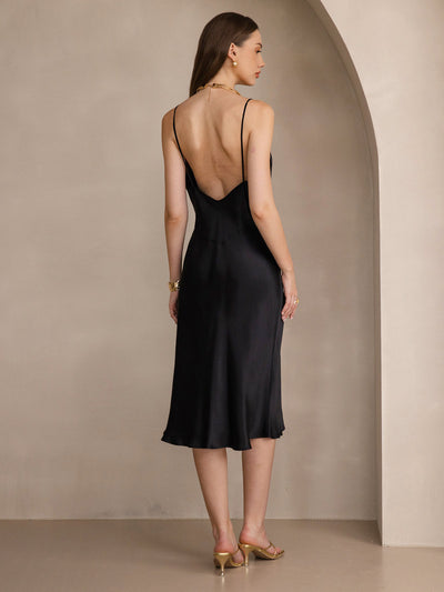 Reine Seide Tiefer V-Ausschnitt Rückenfreies Langes Beleg Kleid