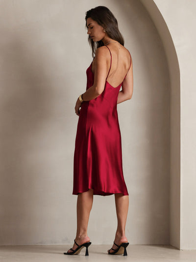 Reine Seide Tiefer V-Ausschnitt Rückenfreies Langes Beleg Kleid