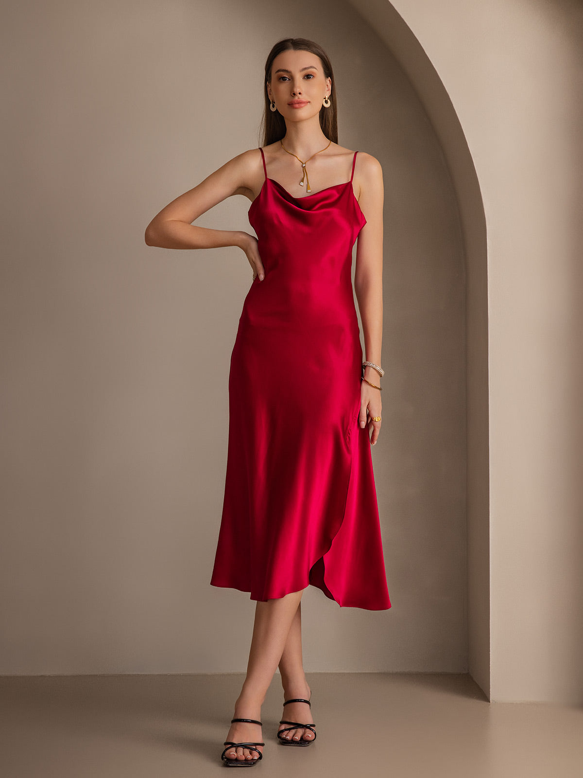 Reines Seide Spaghetti-Träger Schlitz Langes Kleid