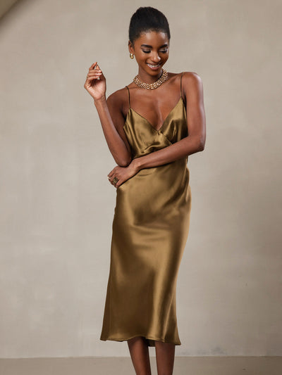 Reine Seide Tiefer V-Ausschnitt Rückenfreies Langes Beleg Kleid