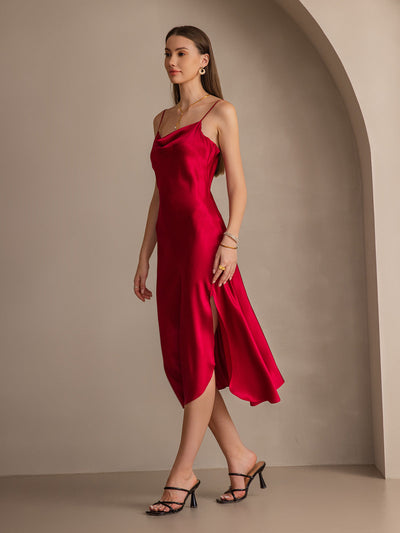 Reines Seide Spaghetti-Träger Schlitz Langes Kleid