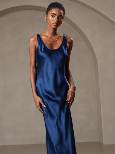 Reine Seide Weite Träger Ärmelloses Lang Kleid