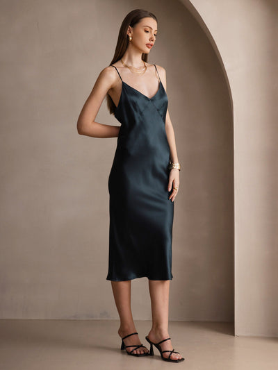 Reine Seide Tiefer V-Ausschnitt Rückenfreies Langes Beleg Kleid