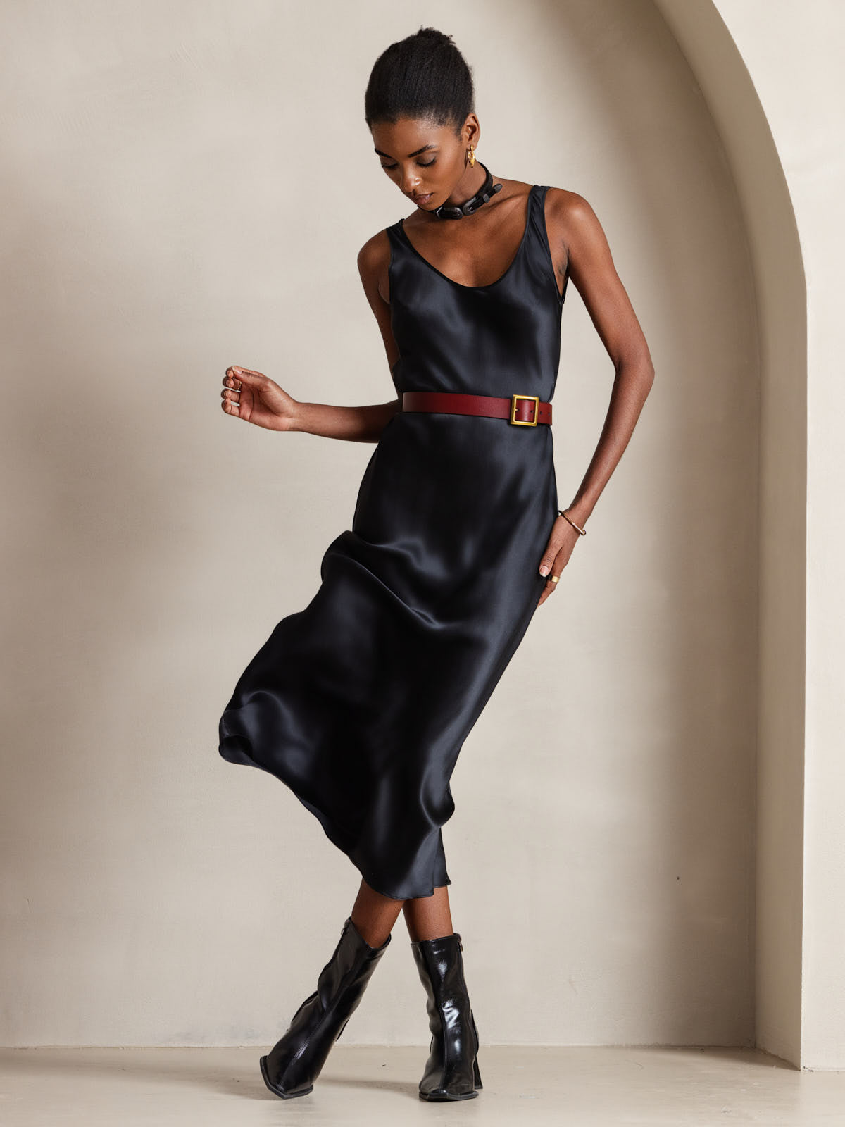 Reine Seide Weite Träger Ärmelloses Lang Kleid