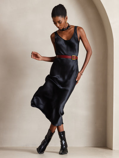 Reine Seide Weite Träger Ärmelloses Lang Kleid