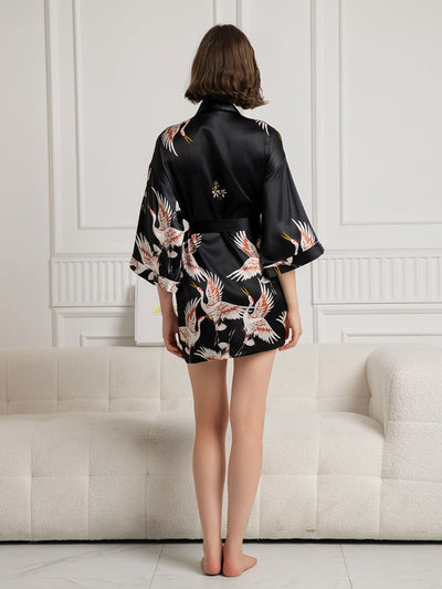 19Momme Frauen Seiden Crane Print Kurzer Morgenmantel